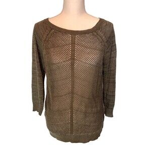 Lauren Ralph Lauren Netted Sweater Olive Large Fishnet 3/4 Sleeve Linen Viscose